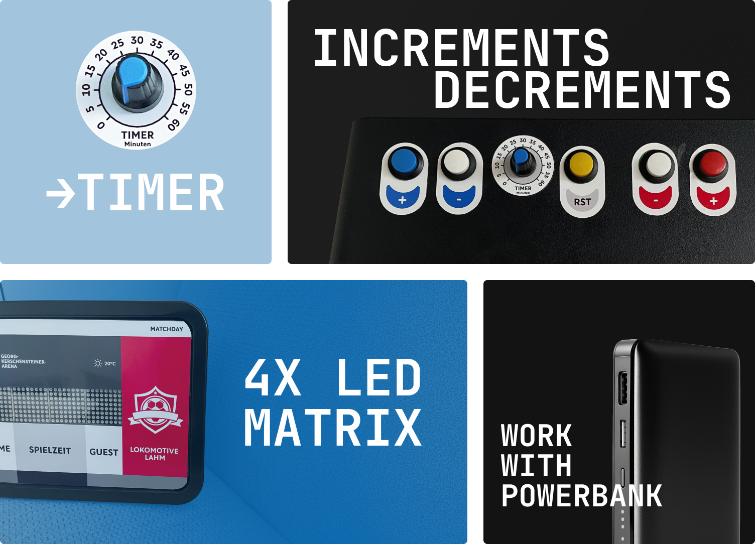 Die Funktionen im Überblick: Timer per Drehregler, Taster zum Hoch- und Runterzählen, vier LED-Matrix-Module und Betrieb per Powerbank